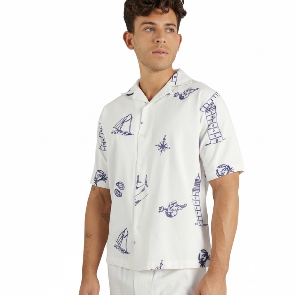 NWT! Yôke Short Sleeve Linen/Cotton Shirt With Embroidered Nautical Theme XL